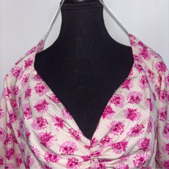 Zara Floral Pink Cream Ruched Women's XL Top On/Off Shoulder Zip Long Sleeve - Picture 4 of 10